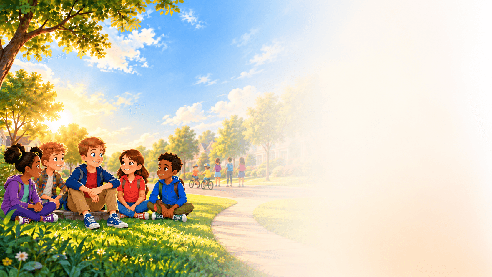 Children from the Meeting the Allens series sitting together on the grass under a tree at sunrise